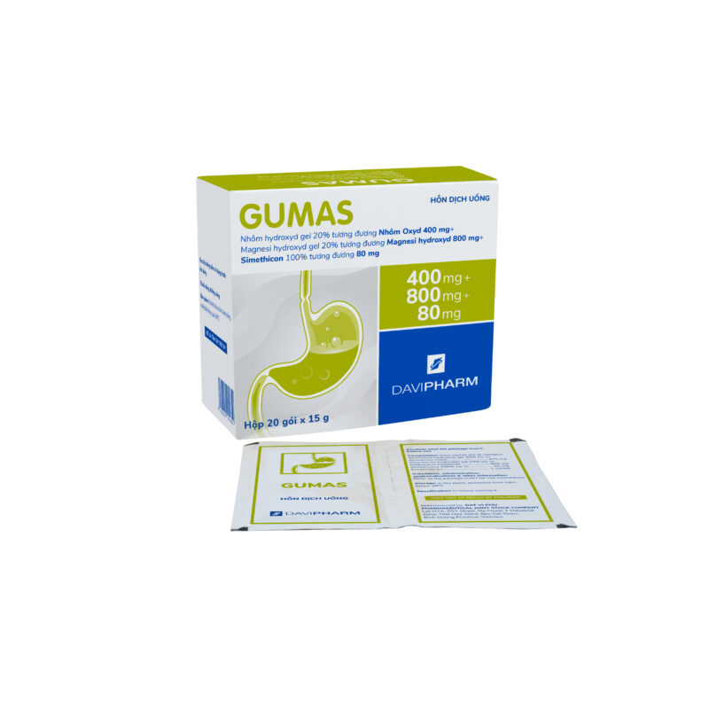 GUMAS chứa Magnesi hydroxyd 800 mg, Nhôm oxyd 400 mg, Simethicon 80 mg